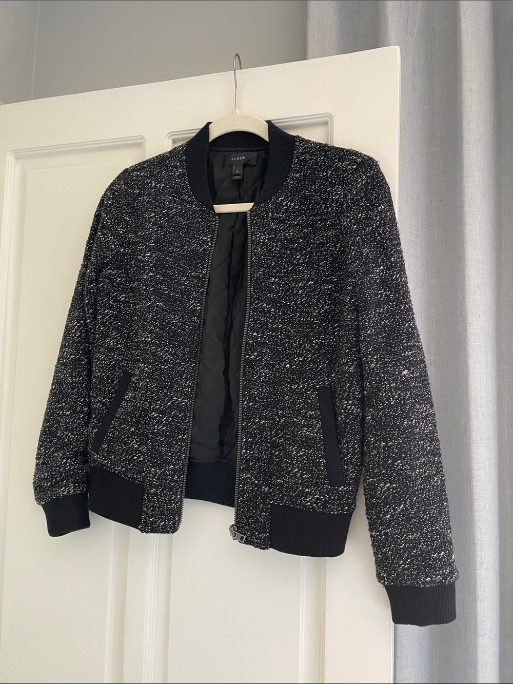 J. Crew Navy & White Tweed Bomber Jacket 0